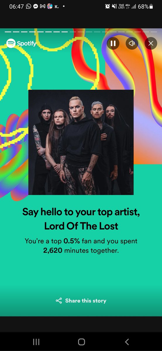 Erfan's tweet photo. It turns out the only band which can end the 4 year streak of @BoKaspers topping my spotify is @LordOfTheLost, surprising zero of my friends, who have all had to spend WAY too much time listening to me talk about them since last Eurovision https://t.co/kmTM5shvy2