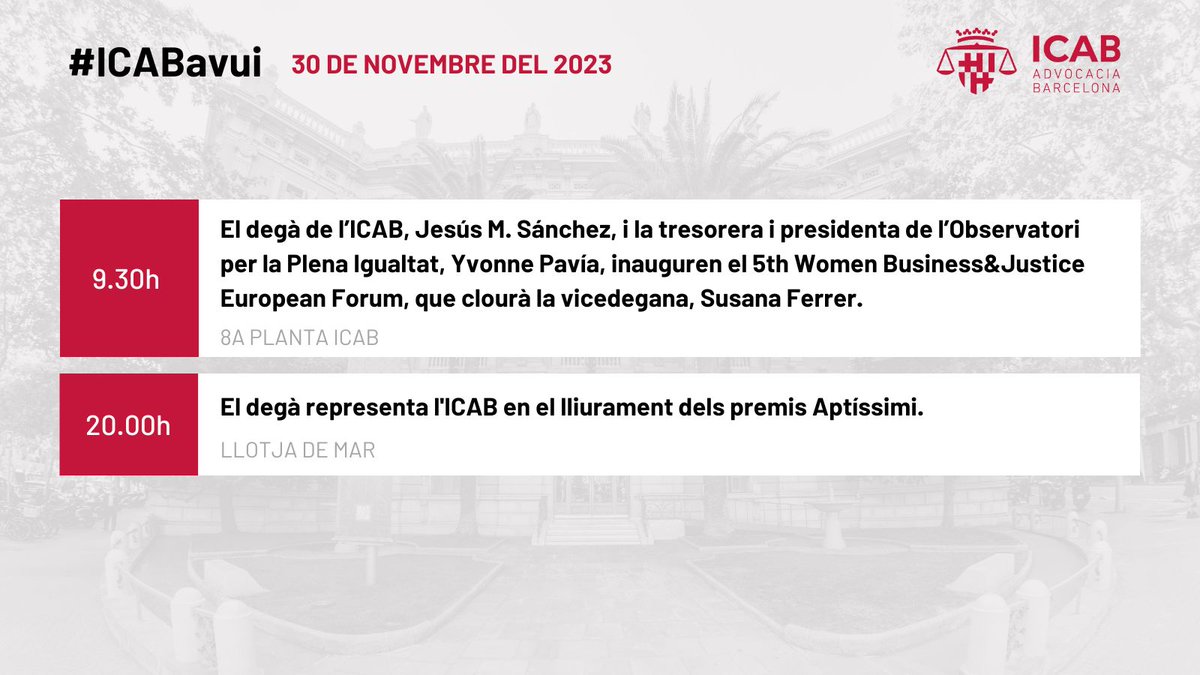 ICABarcelona's tweet photo. #ICABAvui Actes destacats de l'agenda institucional del Col·legi d'avui dijous 30/11/2023. https://t.co/3leJRkj6Fa