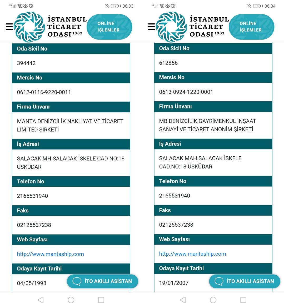 manta denizcilik ile mb denizcilik adlı iki şirketin güncel ito kayıtlarını yan yana koydum. adrese bakın, telefona bakın, web adresine bakın. 

burak erdoğan'ın şirketi olan mb denizcilik'in manta denizcilik ile alakası yok diyorlar. yok gibi mi görünüyor sizce?

hatırlatmalar:
