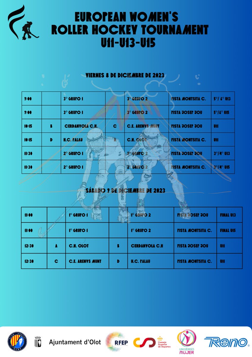 🏑La setmana que ve gaudeix del Campionat d'Europa Femení d'Hoquei Patins i dels tornejos d'hoquei femení FEM-15, FEM-13 i FEM-11 

Horaris dels partits 🙌

#OKEuro