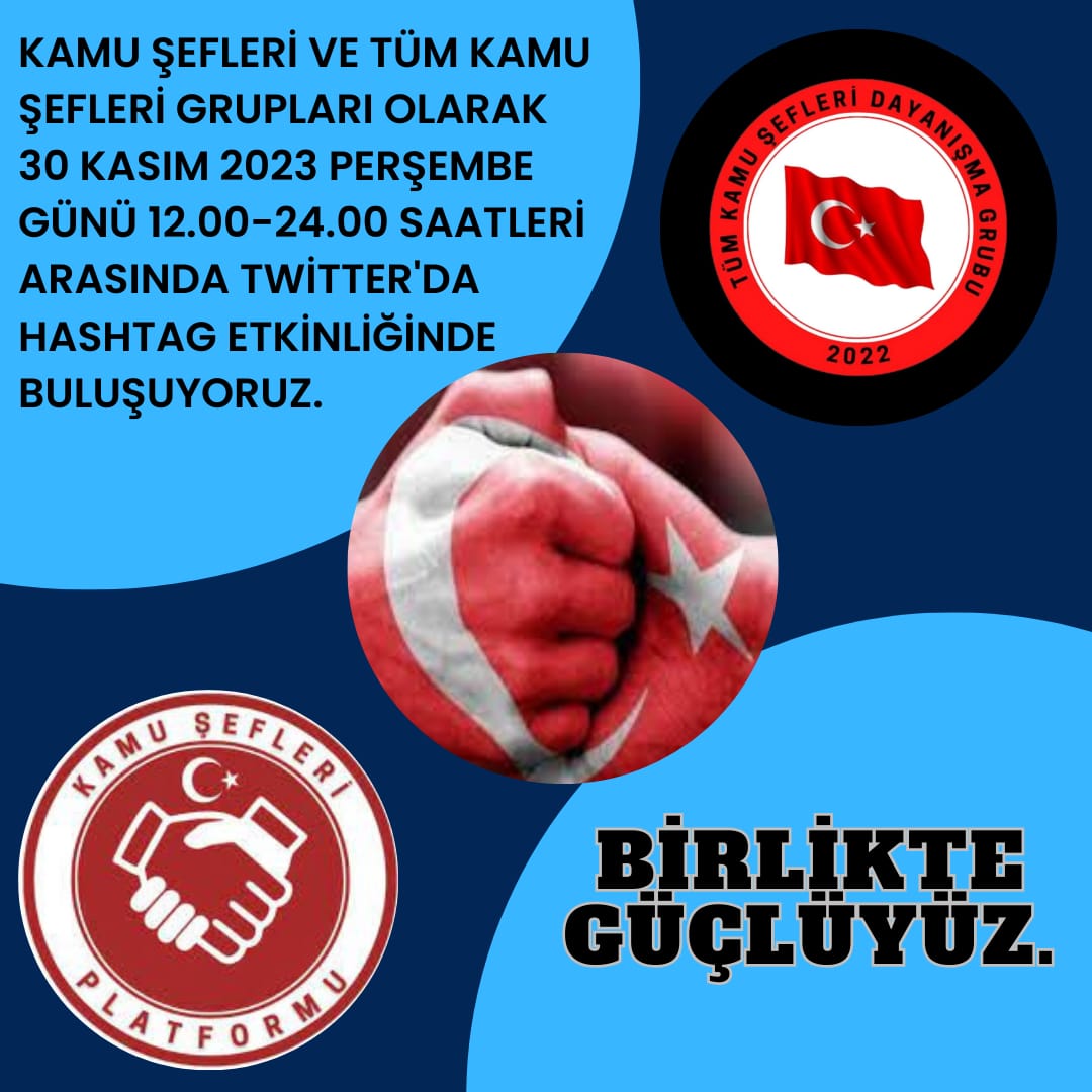 Değerli Kamu Şefleri 30 Kasım 2023 Perşembe günü (bugün) 12.00-24.00 saatleri arasında 3600 hakkımız için ortak Twitter etkinliğinde buluşalım. Sen Yoksan Bir Eksiğiz Şefim. Kayıtsız Kalma! Geleceğini Kaçırma! #TümKamuŞefleri #KamuŞefleri <a href="/KamuSefleri/">KAMU ŞEFLERİ PLATFORMU</a>