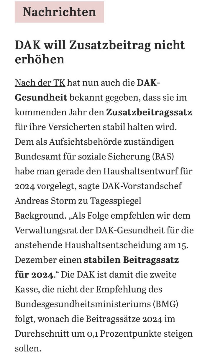 Gute Nachrichten für die 5,5 Millionen Versicherten der DAK-Gesundheit: Der Beitragssatz 2024 bleibt stabil, so Vorstandschef @StormAndreas auf Anfrage des @TspBackgroundGE. Über den Haushalt entscheidet unser Verwaltungsrat am 15. Dezember. @PeterThelen1 background.tagesspiegel.de/gesundheit/dak…