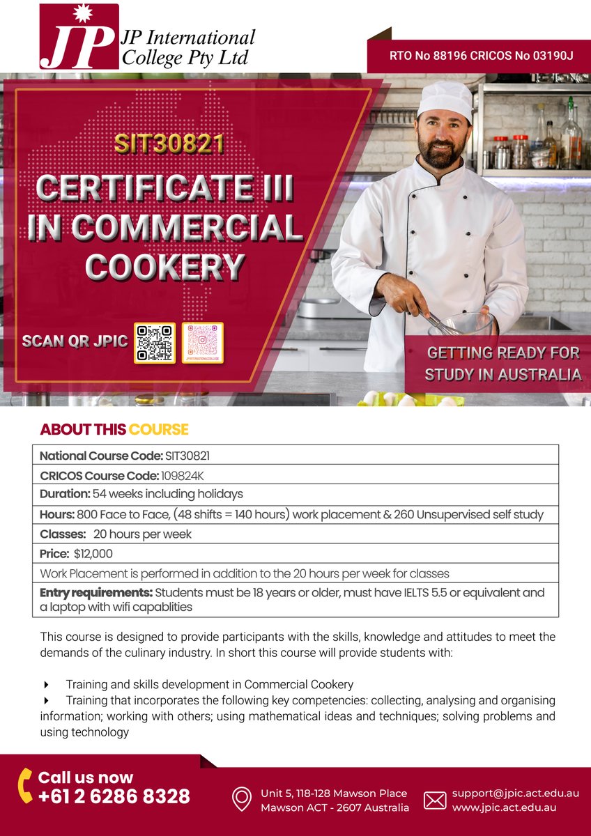 JP International College (@jpinternation15) on Twitter photo SIT30821 - Certificate III in Commercial Cookery
For more information:
jpic.act.edu.au
marketing@jpic.act.edu.au
+61 262868328
#JPIC
#StudyInAustralia
#HospitalityEducation
#CanberraCollege
#GlobalHospitality
#ManagementCourses SIT30821 - Certificate III in Commercial Cookery
For more information:
jpic.act.edu.au
marketing@jpic.act.edu.au
+61 262868328
#JPIC
#StudyInAustralia
#HospitalityEducation
#CanberraCollege
#GlobalHospitality
#ManagementCourses