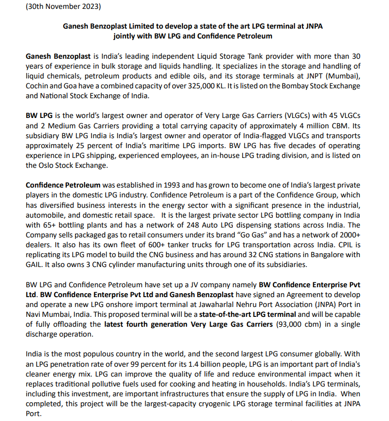 Ganesh Benzoplast, in collaboration with BW LPG and Confidence Petroleum, is set to develop LPG terminal JNPT, Navi Mumbai

BW LPG is world's largest owner / operator of Very Large Gas Carriers (VLGCs)

Construction to start in H1 2024 and expected full operation by 2026