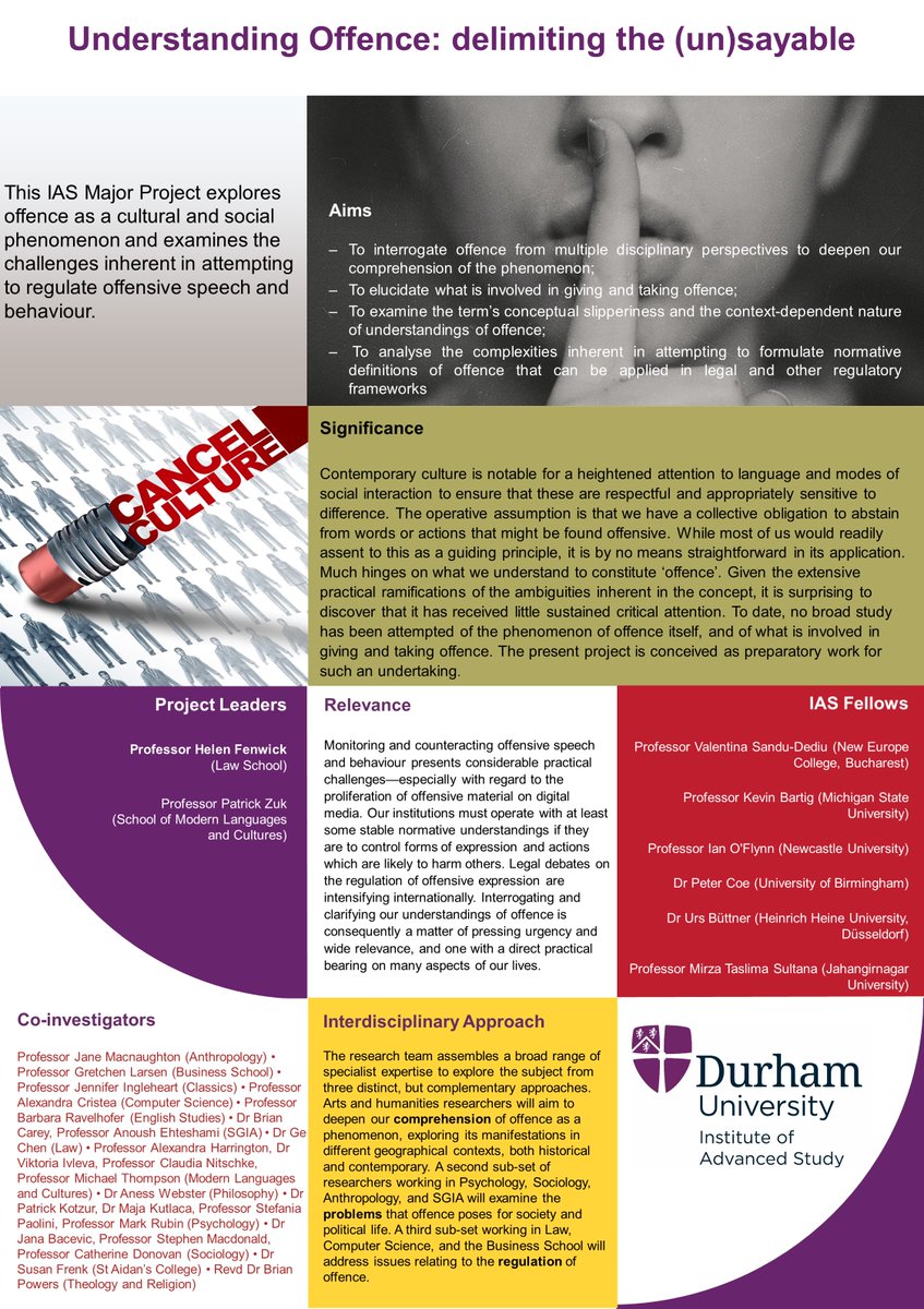 Many of our @DurhamIAS Epiphany Fellows will be collaborating on our two Major Projects: 'Understanding Offence'; and 'Justice and AI'. Find out more about these projects and how to connect at dur.ac.uk/research/insti…