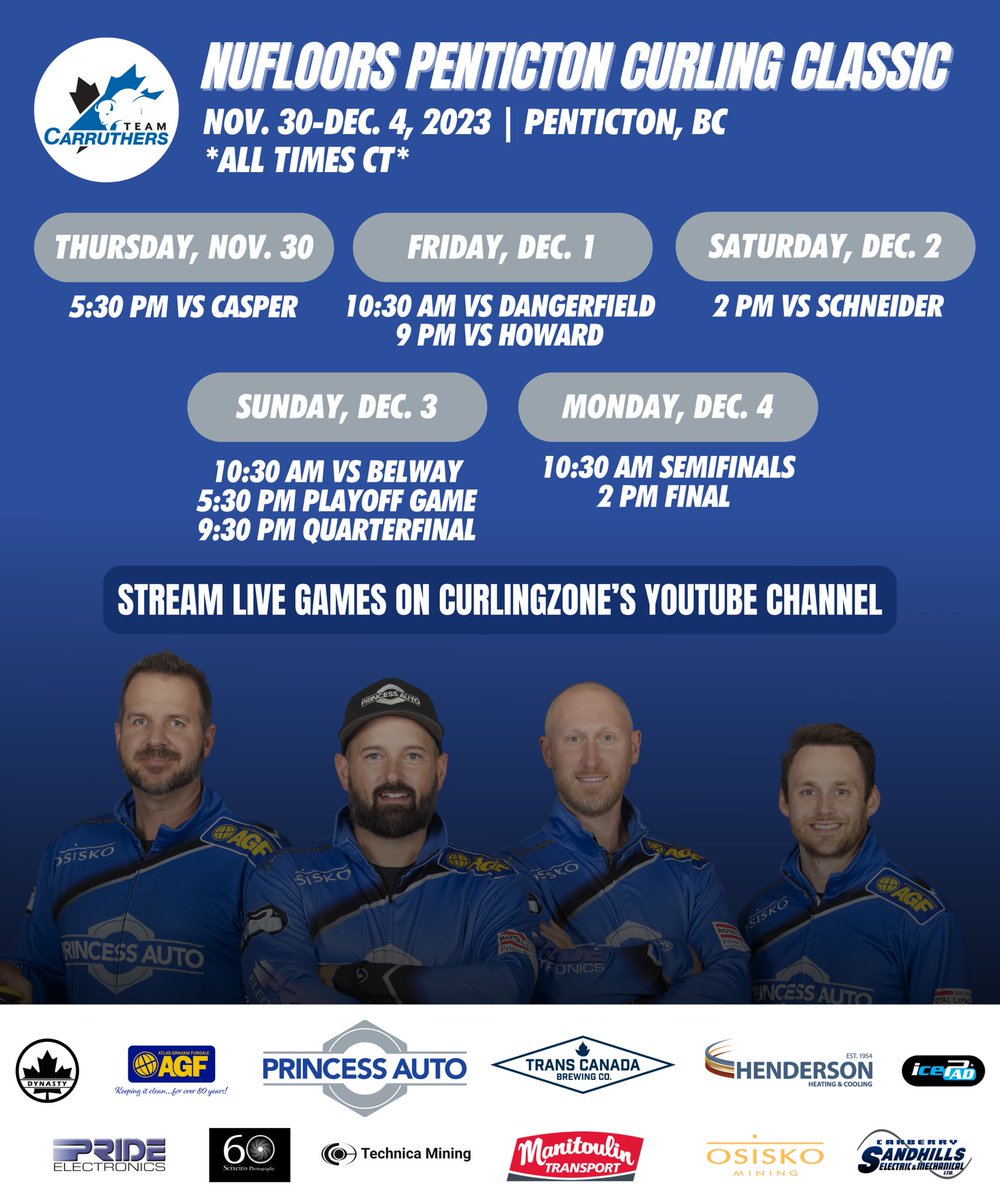 🗓️ NUFLOORS PENTICTON CURLING CLASSIC 🗓️ Excited to have the squad back together for another event! LET’S GO 👊🏻 FIRST GAME ⬇️ 🗓️ Thursday, Nov. 30 ⏰ 5:30 pm CT 🆚 Casper 🌐 Online scores at worldcurl.com 🌐 📺 Stream live games on CurlingZone’s YouTube channel 📺