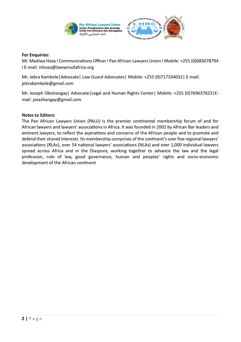 LawyersofAfrica's tweet photo. 🚨🚨Press Statement - Immediate Release

Read the full statement @ https://t.co/wMlNKk5EGN

@EUinTZ @SwedeninTZ @zittokabwe @MariaSTsehai @ReutersAfrica @AlJazeera @BBCAfrica @TheCitizenTz @citizentvkenya @ntvkenya @AP @RWI_Nairobi @RFKHumanRights @OpenSociety @TamukaKagoro77 @ChidiOdinkalu