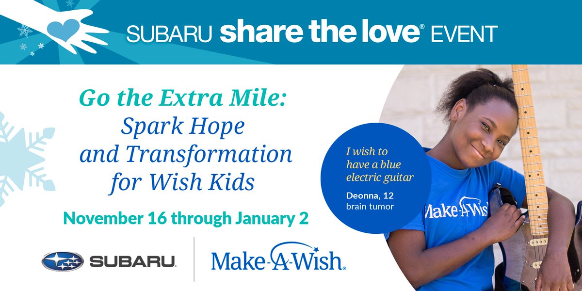 ⏰ Only two weeks left to support @MakeAWishAmericathrough the 2023 Subaru #ShareTheLove Event! 🚙 Visit wish.org/Subaru to learn how your new vehicle purchase or lease through Jan. 2 can spark hope and transform lives. Thank you, <a href="/subaru_usa/">Subaru</a>! 🌟