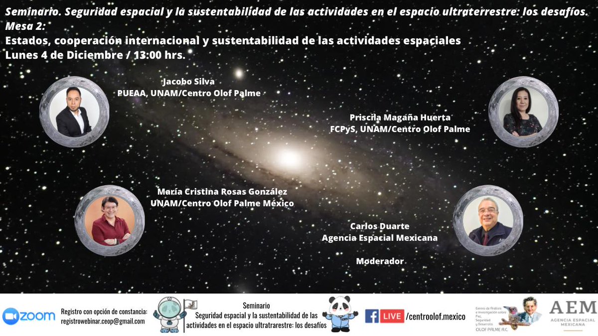 Próximo lunes 4 de diciembre 13 hrs segunda mesa del seminario sobre "Sustentabilidad de las actividades espaciales" con Jacobo Silva, <a href="/PrisMagh/">Priscila Magaña-Huerta</a>, <a href="/mcrosasg/">María Cristina Rosas</a> y <a href="/KarlozDuarte/">Carlos Duarte</a> <a href="/mcrosasg/">María Cristina Rosas</a>
<a href="/AEM_mx/">AEM</a>