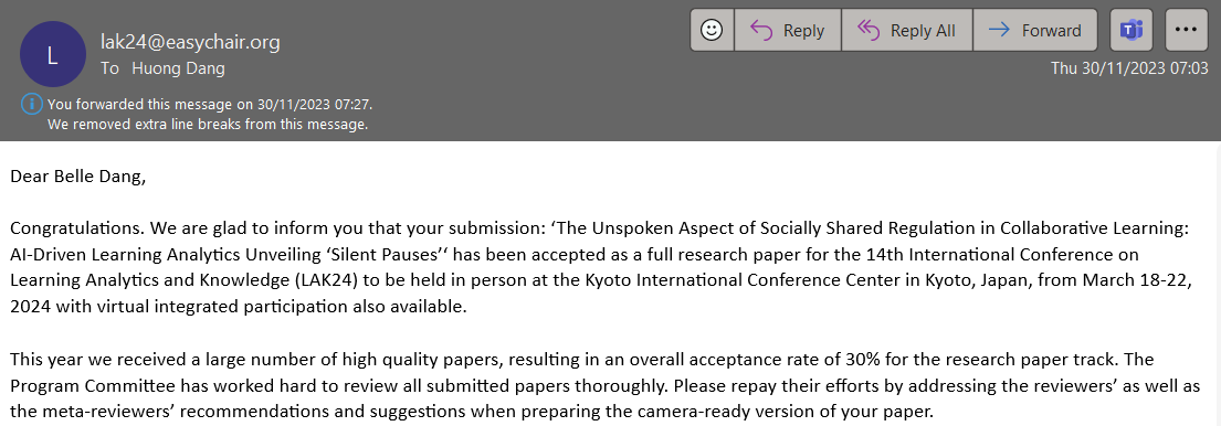 Super happy to share that the first milestone on my PhD journey is marked by a full research paper accepted for the #LAK24 in Kyoto, Japan. My heartfelt thanks to my supervisors, @AndyNguyenOulu and @SannaJarvela, for all the guidance and support! 🎉📖 @LET_Oulu #AIED #SSRL