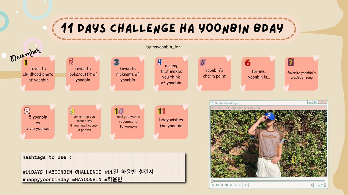 hayoonbin_idn's tweet photo. [📢] ROAD TO HA YOONBIN'S BIRTHDAY!

Hello, Guys! To celebrate Yoonbin's birthday on December 11, hayoonbin_idn made mini project 11 DAYS CHALLENGE. 

start : December 1, 2023
end : December 11, 2023 (D-day)

Check the thread bellow👇🏻 https://t.co/gEgyJmSbTY