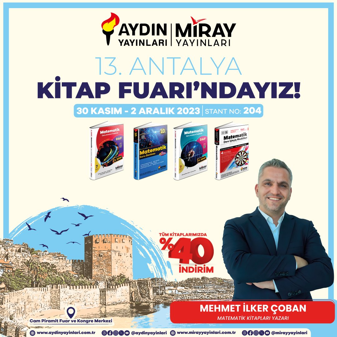 aydinyayin's tweet photo. Yazarlarımız, Antalya Kitap Fuarı'nda öğretmen ve öğrencilerle buluşuyor 📢

30 Kasım, 1 ve 2 Aralık tarihlerinde Aydın ve Miray Yayınları standında gerçekleştireceğimiz yazar şöyleşilerine katılımınız bizleri mutlu edecektir😊

#AydınYayınları #AntalyaKitapFuarı https://t.co/OEsqeMeLUq