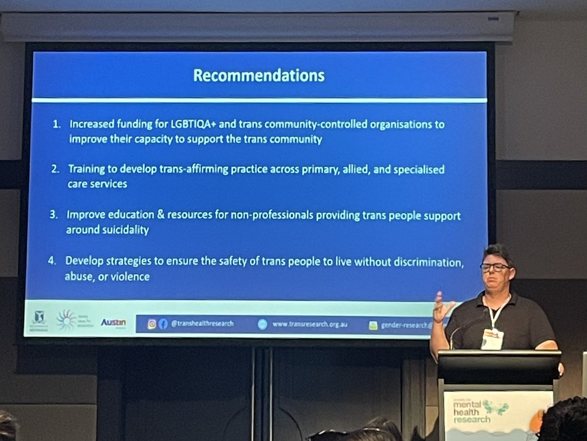 Powerful findings by Sav Zwickl @SMHR #SMHR2023 reveal the struggles trans individuals face in accessing critical mental health care. Urgent call for prejudice reduction, trans-affirming practices, & reshaping suicide prevention initiatives to better support our trans community.