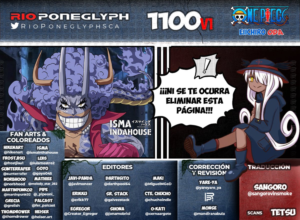 RPScanlation's tweet photo. Ya está aquí nuestra primera versión de #OnePiece1100, que la disfruten!! Recuerden que el finde sale la versión final con datos extra y glosario!
#OnePiece #RioPoneglyphScans 
Opción 1:  https://t.co/Zm0xmtsDyq
Opción 2: https://t.co/Bgg498ufTS
Descarga: https://t.co/ZGiDUfyZWL https://t.co/aY8vR9zy5L