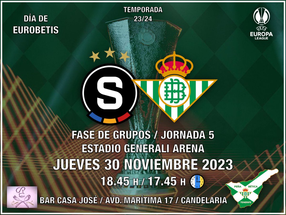 pbeticatenerife's tweet photo. Día de EuroBetis en la gélida Praga🥶. Dale @RealBetis, a dejar sellado el primer puesto del Grupo. 💪💚🤍💚
📍Les esperamos en nuestra Peña🏠
Bar Casa José
#PeñaBéticaTenerife
#IslaVerdiBlanca
#RealBetis #EuroBetis
#Tenerife #Canarias
#DondeVayasVoy https://t.co/Zty3VUaY26