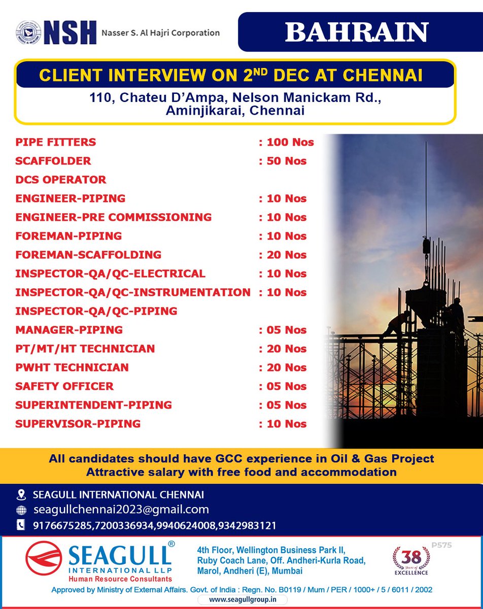 hrd1_seagull's tweet photo. 🇧🇭Bahrain Jobs
📍Client Interview In Chennai On 02nd December 2023
.
.
.
#bahrainjobs #seagull #chennaijobs #pipefitters #scaffolder #dcsoperator #pipingforeman #pipingmanager #safetyofficer #pipingsupervisor https://t.co/sJ1FJOgJD1