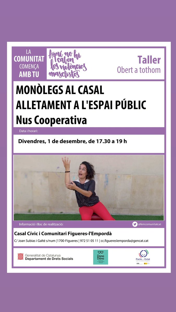 Us esperem demà a les 17h al Centre cívic comunitari (darrera la Cullera)
per fer igualment grup de suport i gaudir amb @NUScooperativa d'aquesta representació teatral que ens farà pensar sobre l'Alletament en espais públics. No us ho perdeu. Entrada gratuïta.
#25N