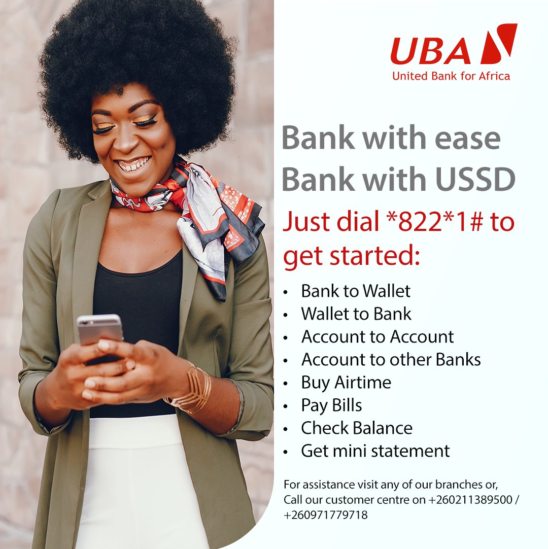 𝐔𝐒𝐒𝐃 𝐛𝐚𝐧𝐤𝐢𝐧𝐠 𝐢𝐬 𝐧𝐨𝐰 𝐚𝐯𝐚𝐢𝐥𝐚𝐛𝐥𝐞. 😁😁
Dial *822*1# to get started on banking with ease, giving you seamless banking experience anytime, anywhere.

#ussdbanking
#UBAZambia
#AfricasGlobalBank