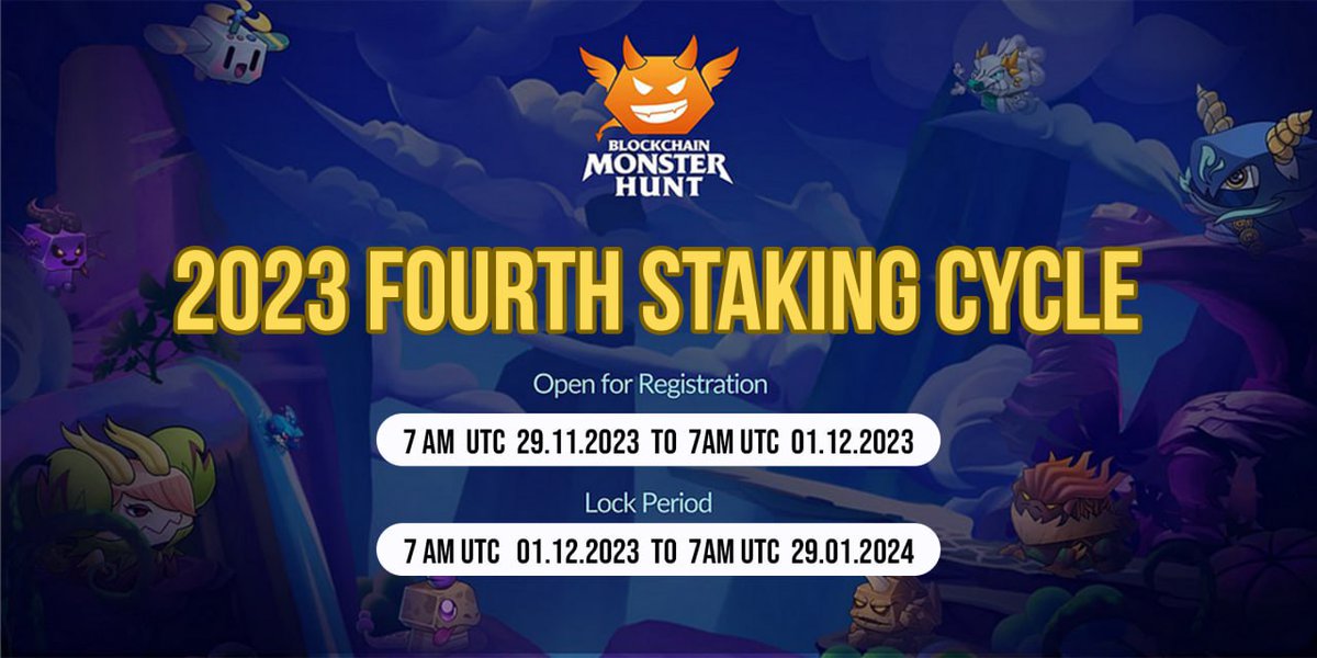 🚨 The new Staking cycle of Blockchain Monsters Hunt is now open for registration! 🥳 🎯 Get your collection ready for the Monster Councils, the perfect place to be for busy players to earn rewards without risking a single battle!! 📍Registration: 7 AM UTC 29.11.2023 - 7 AM