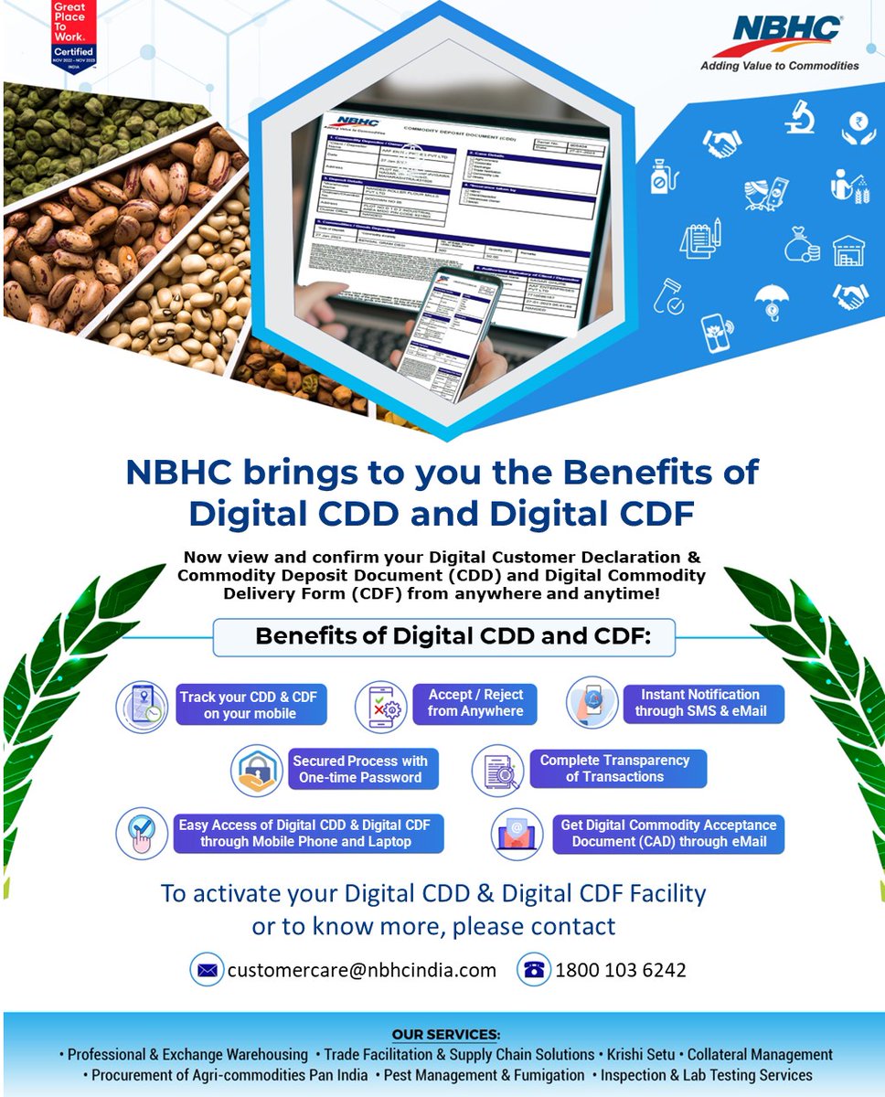 NBHC is thrilled to unlock the advantages of the 'Digital Commodity Deposit Document (CDD)' and 'Digital Commodity Delivery Form (CDF)' for its #esteemedcustomers, ensuring seamless #customerexperience and #effortlessaccess #anytime and #anywhereyouare!
#customerserviceexcellence