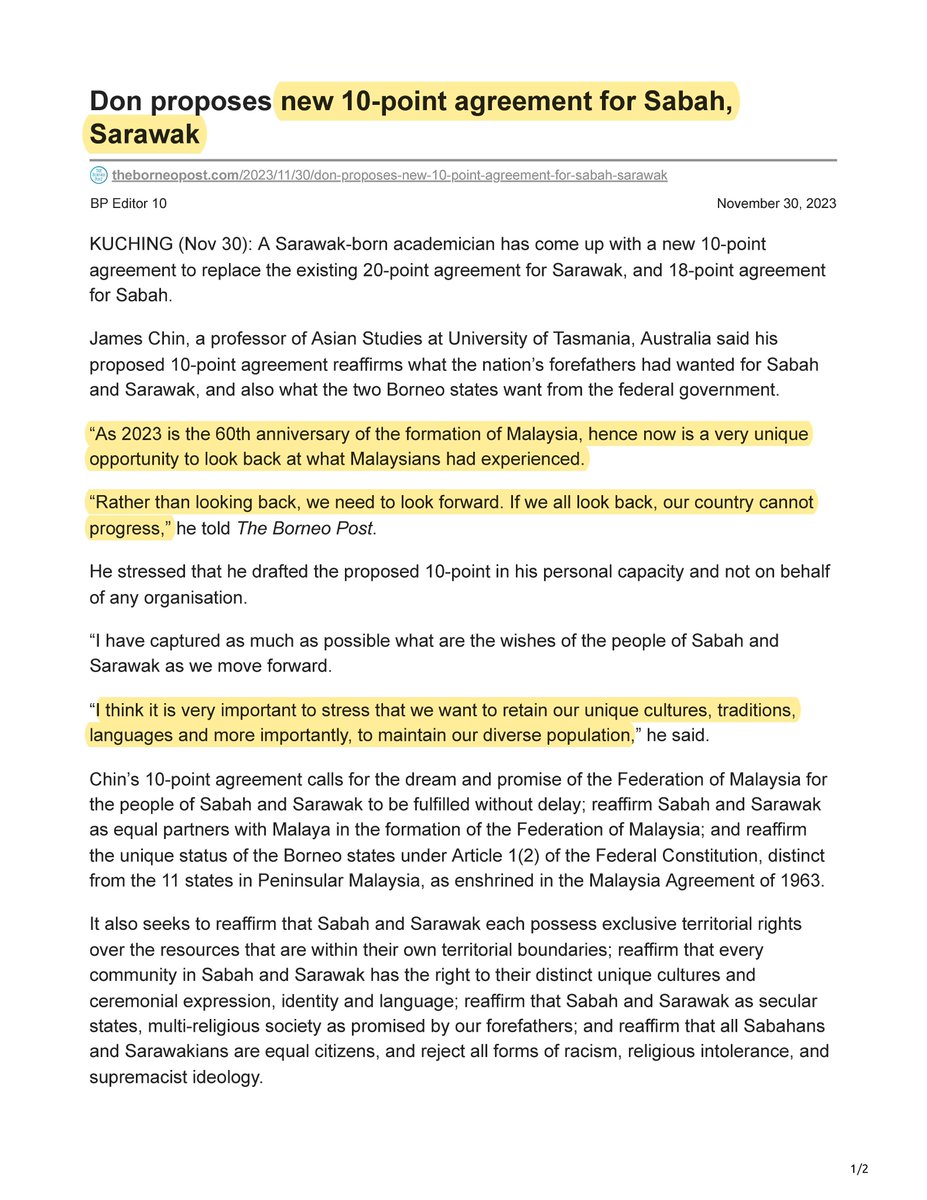 jameschin110's tweet photo. Whereas the right of people of Sarawak and Sabah were side-lined for the past sixty years, We, the people of Sarawak and Sabah  declare the following:
1. The dream and promise of the Federation of Malaysia for the people of Sabah and Sarawak must be fulfilled without delay.
2. We reaffirm Sabah and Sarawak as equal partners with Malaya in the formation of the Federation of Malaysia.
3. We reaffirm the unique status of the Borneo states under article 1(2) of the Federal constitution, distinct from the 11 states in Peninsular Malaysia, as enshrined in the Malaysia Agreement 1963.
4.  We reaffirm that Sabah and Sarawak each possess exclusive territorial rights over the resources that are within their own territorial boundaries.
5. We reaffirm that every community in Sabah and Sarawak the right to their distinct unique cultural and ceremonial expression, identity and language.
6. We reaffirm that Sabah and Sarawak as secular states, multireligious society as promised by our forefathers.
7. We reaffirm that all Sabahans and Sarawakians are equal citizens, and we reject all forms of racism, religious intolerance, and supremacist ideology.
8. We urge the leaders of Sabah and Sarawak to take the initiative and fulfil the state's autonomy within the Federation of Malaysia as promised by our founding fathers.
9. We reaffirm the fundamental right of Sabahans and Sarawakians to determine their own future.
10. We affirm our commitment to build a modern, secular, democratic, progressive and sustainable future for all Sabahans and Sarawakians.
#Sabah #Sarawak #20Points