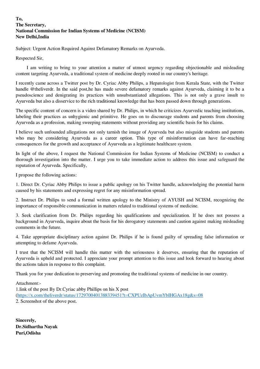 DrNayak95's tweet photo. 🚨 Urgent Call for Action! 🚨

@moayush @ncism_india, we're facing a critical situation.A Hepatologist @theliverdoc is spreading misleading info, advising students and parents against #Ayurveda careers, branding it pseudoscience!🌿 He even devalues Panchakarma as unhygienic. Shockingly, @theliverdoc lacks an #Ayurveda Knowledge!

🔍 How can someone without expertise comment on Ayurveda?

It's time for swift action. Let's unite and raise our voices to rectify this injustice before the Honourable #SupremeCourtOfIndia. 💪⚖️ 

Students deserve accurate career advice, not baseless opinions. #AyurvedaTruth #JusticeForAyurveda

@rashtrapatibhvn @PMOIndia @narendramodi @moayush @sarbanandsonwal @DrMunjparaBJP @ncism_india @AIIA_NDelhi @CCRAS_MoAyush @gujayurveduni @ItraJamnagar @NIAJaipur @RAVDelhi @anandayubhu @rnacharya1967 @AyurvedaMonk @secymoayush @vaidyakotecha @tnesari @mahesh_dadhich @Drnesari @ayurveda @ayurvedacharya @ThinkAyurveda1 @GupteswarAyush @HFWOdisha