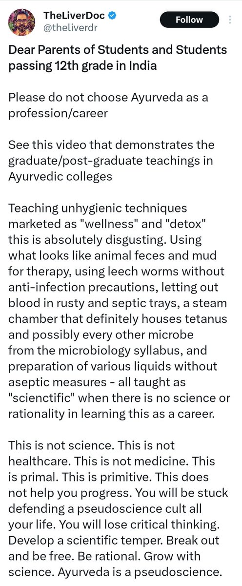 🚨 Urgent Call for Action! 🚨

@moayush @ncism_india, we're facing a critical situation.A Hepatologist @theliverdr is spreading misleading info, advising students and parents against #Ayurveda careers, branding it pseudoscience!🌿 He even devalues Panchakarma as unhygienic.