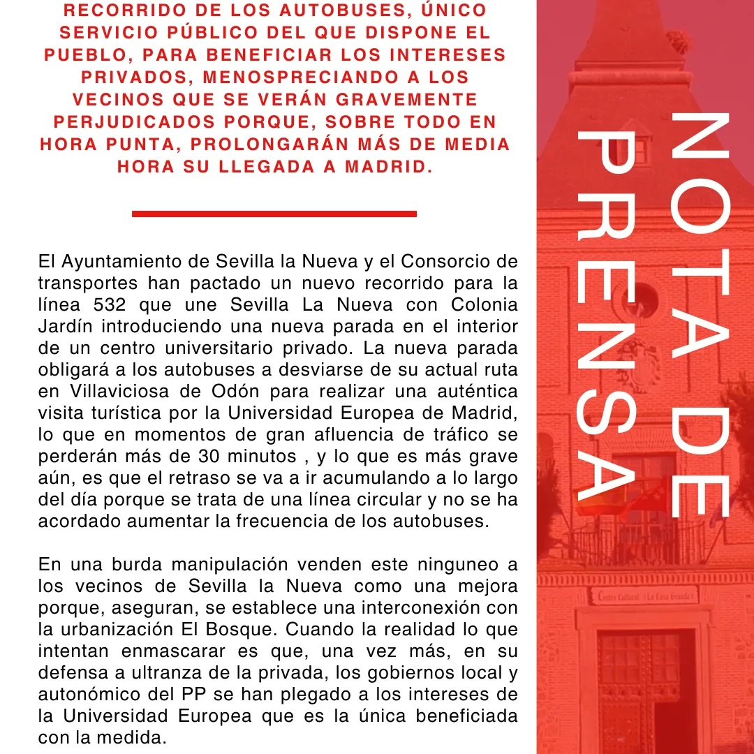 PSOESLN's tweet photo. El Ayto de Sevilla la Nueva y el Consorcio de transportes de la Comunidad de Madrid han cambiado el recorrido de los autobuses, para beneficiar los intereses privados, menospreciando a los vecinos que se verán gravemente perjudicados. https://t.co/zJkvCGI9EK