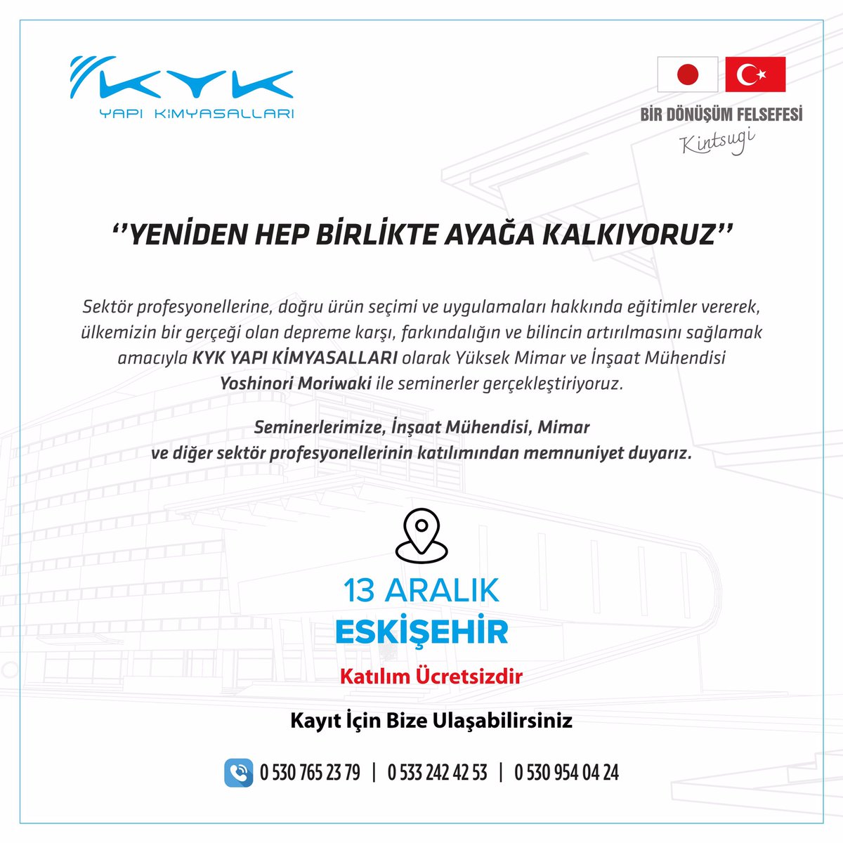 📍Yeniden Hep Birlikte Ayağa Kalkıyoruz mottosuyla çıktığımız bu yolda 2023 yılının son seminerini 13 Aralık 2023 tarihinde Eskişehir’de gerçekleştiriyoruz. #yenidenhepbirlikteayağakalkıyoruz #Eskişehir #kykyapıkimyasalları #deprem