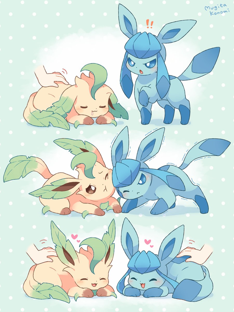 glaceon ,leafeon pokemon (creature) no humans one eye closed closed eyes heart ! open mouth  illustration images
