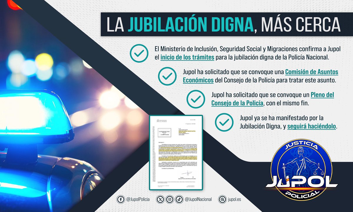 JupolNacional's tweet photo. 🆕LA JUBILACIÓN DIGNA, MÁS CERCA

✔️El Ministerio de Inclusión, Seguridad Social y Migraciones confirma a Jupol el inicio de los trámites para la jubilación digna de la Policía Nacional.

✔️Jupol ha solicitado que se convoque una Comisión de Asuntos Económicos del Consejo de la Policía para tratar este asunto.

✔️Jupol ha solicitado que se convoque un Pleno del Consejo de la Policía, con el mismo fin.

✔️Jupol ya se ha manifestado por la Jubilación Digna, y seguirá haciéndolo.

#JubilacionDignaYa

#EquiparacionYa