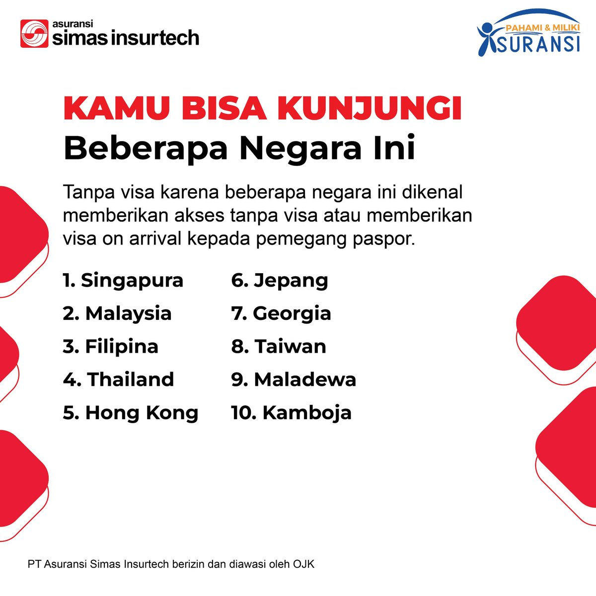 simasinsurtech's tweet photo. Kamu bisa nih mengunjungi beberapa negara disini karena negara-negara berikut memberikan akses tanpa visa. ✈️
#negaratanpavisa #travel #travelwithcomfort #simasinsurtech https://t.co/yxzjiGOmJa