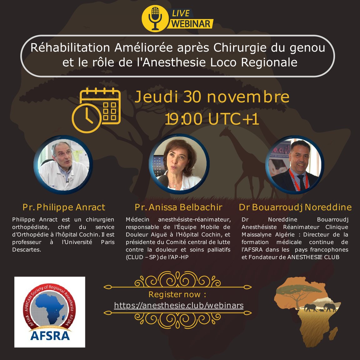BouarroudjN's tweet photo. Aujourd'hui à 19h (UTC +1) , ne manquez pas notre Webinaire sur l'anesthésie régionale pour la chirurgie du genou ! organisé par l'AFSRA Rejoignez-nous pour des insights exclusifs  #WebinaireMed #AnesthésieGenou  #Afsra https://t.co/OyeikKgJUB