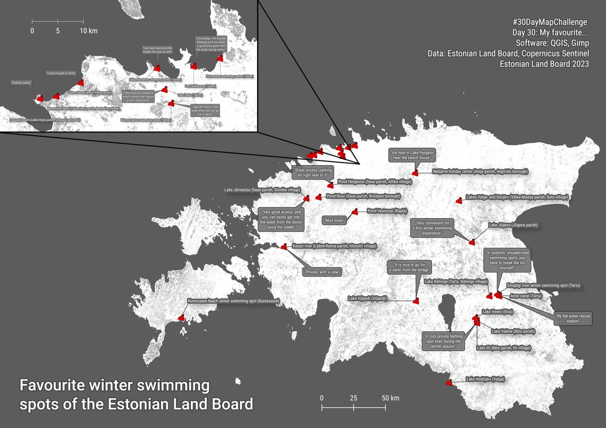 #30DayMapChallenge Day 30: My favorite On this map, the favourite places for winter swimming among the employees of the Land Board have been visualized. Mark your favorite spot xgis.maaamet.ee/xgis2/page/lin…