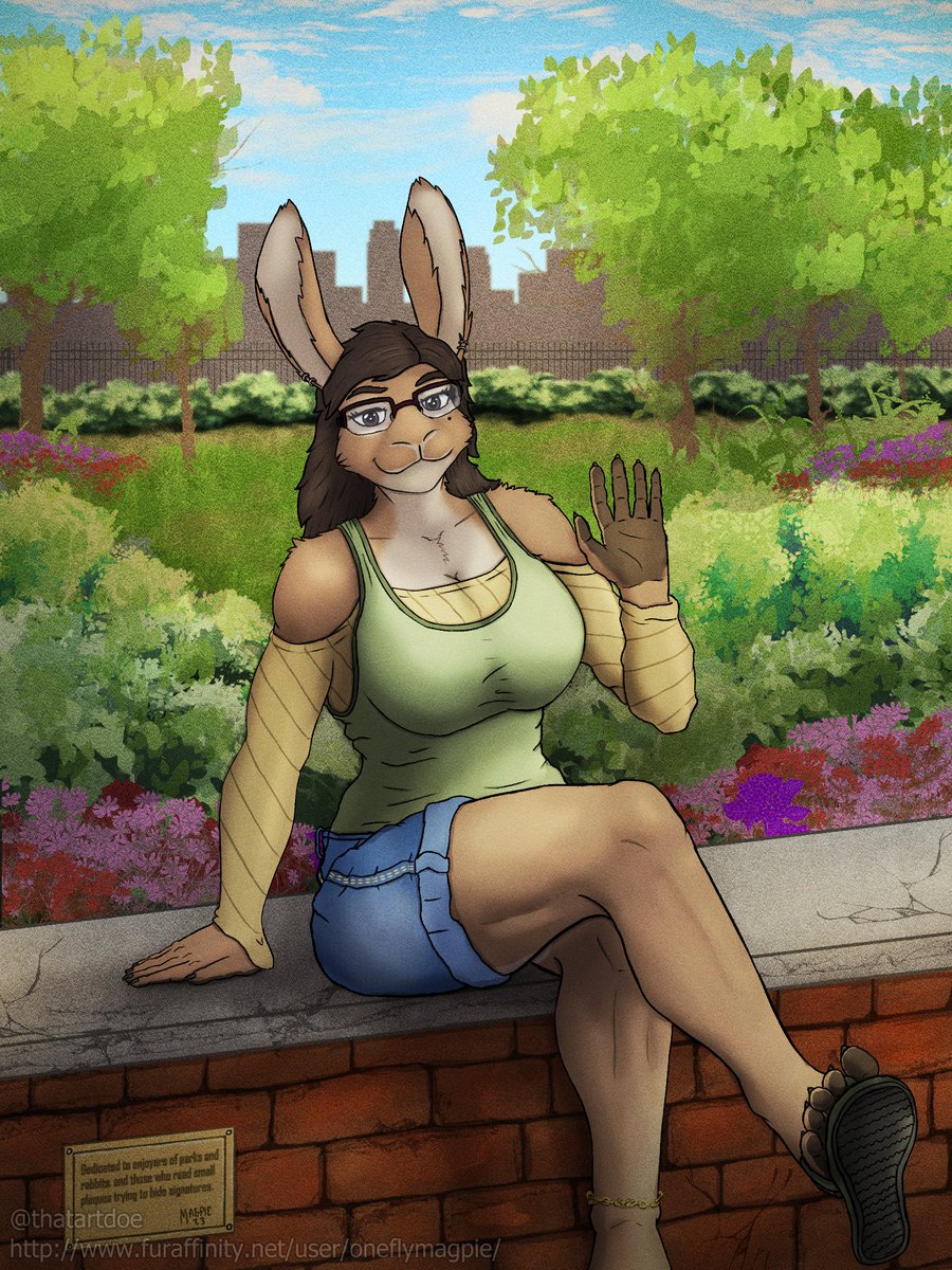 thatartdoe's tweet photo. Park those buns!  Taking a seat out by the park on a pleasant day, a rabbit awaits you!  Is this a date?  A day out?  A clandestine exchange of secret  intelligence?  I hope it's not the latter, too much of a ditz for that.
 
I'm happy with this piece, and hope you like it too! https://t.co/9wk99KEjmy