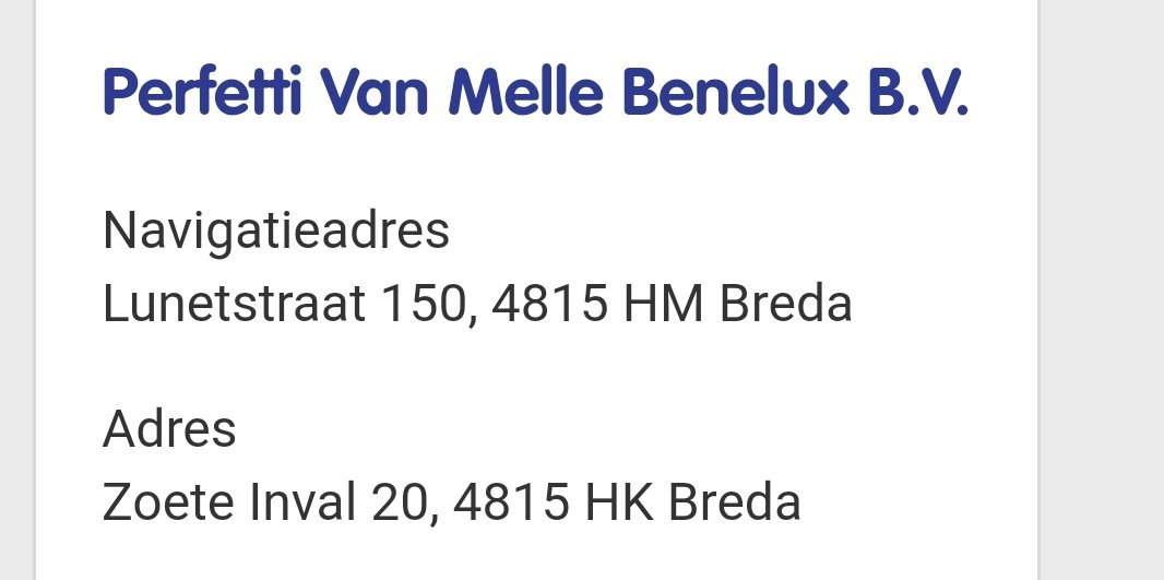 Het adres van snoepfabrikant Perfetti Van Melle, van onder meer Mentos en Fruittella, is Zoete Inval 20.