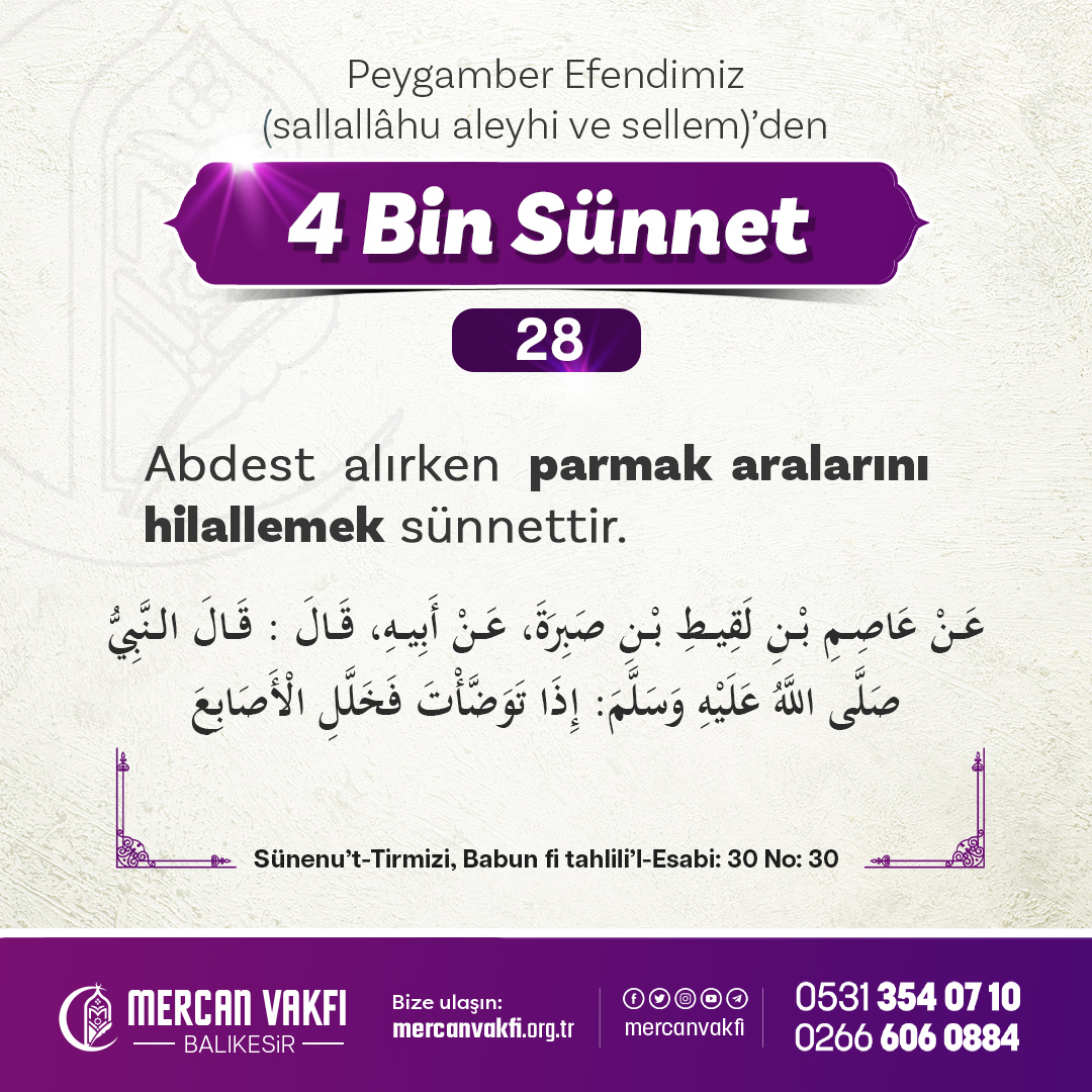 Peygamber Efendimiz (sallallahu aleyhi ve sellem)'den 4 bin sünnet:

28 - Abdest alırken parmak aralarını hilallemek sünnettir.

#sohbet #dinipaylaşımlar #balıkesir #islam #kuran #ayet #hadis #Perşembe #zionistlobbyattack