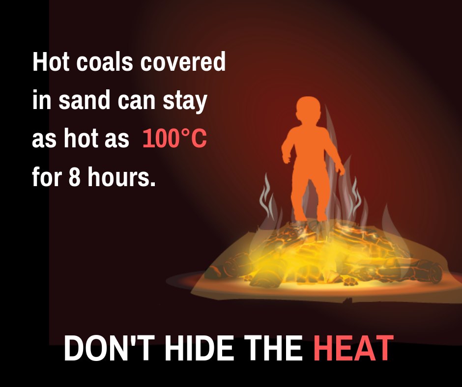 Going #camping these #schoolholidays? ⛺️ ALWAYS put out campfires 🔥 with WATER, not sand or dirt. 💦 Every year, children are seriously burned by walking across 'hidden' campfires that have been covered in sand. Buried coals can stay as hot as 100 degrees for 8 hours❗