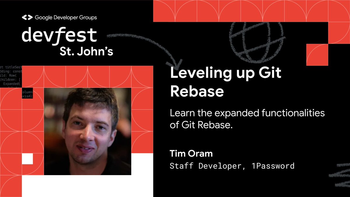 📢Join us at #DevFest St. John's 2023 this Saturday, December 2, 2023, at the Core Sciences Facility, MUN Centre.🗓️

🎙️ Speaker Spotlight: Tim Oram - Staff Developer, 1Password

🔒 Title: "Leveling up Git Rebase"

🎫 Get your tickets now! gdg.community.dev/events/details…