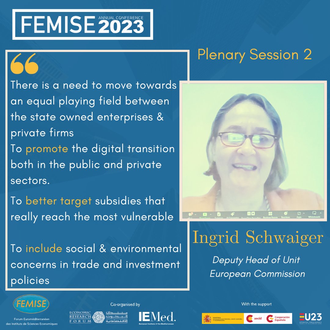 femisenetwork's tweet image. 🗣&quot;There is a need to move towards an equal playing field between state owned enterprises &amp;amp;private firms to promote digital transition both in public &amp;amp; private sector.&quot; stated Ingrid Schwaiger, Deputy head @EU_Commission during #FEMISE_AC2023 session2⃣➡️bit.ly/3N6wKWL
