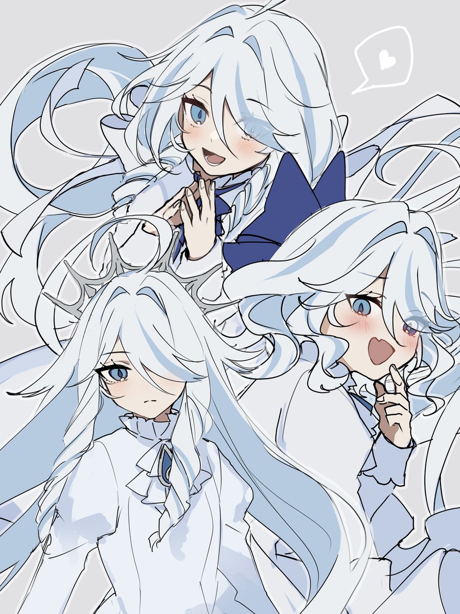 furina (genshin impact) spoken heart white hair hair over one eye multiple views blue eyes long hair heart  illustration images