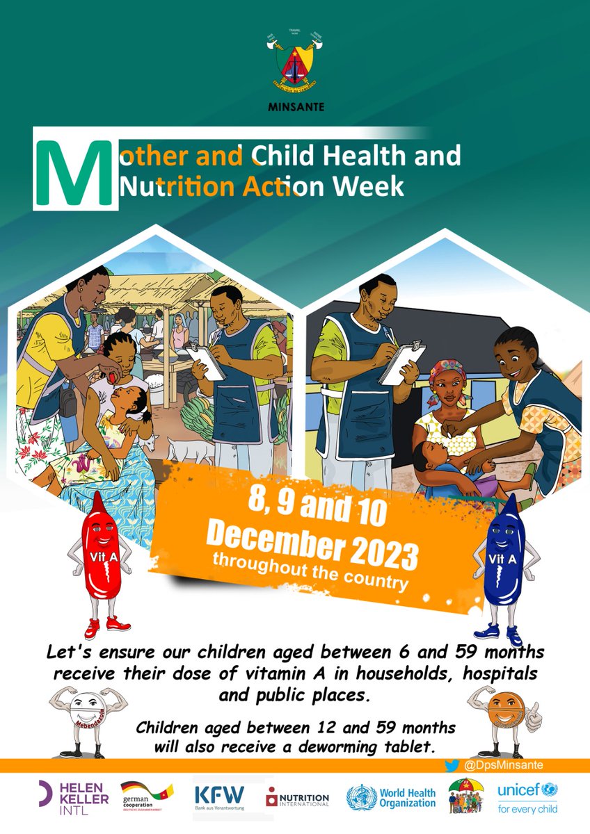 🚨Permettons à nos Enfants de 06 à 59 mois de recevoir leur dose de VITAMINE A 💊 dans les Ménages, les Hôpitaux et les Lieux Publics.

🚨Les Enfants de 12 à 59 mois recevront également un DÉPARASITANT.💊

📍Du 08 au 10 Décembre 2023

⏳Dans Tout le Pays 🇨🇲

#SASNIMDEC2023