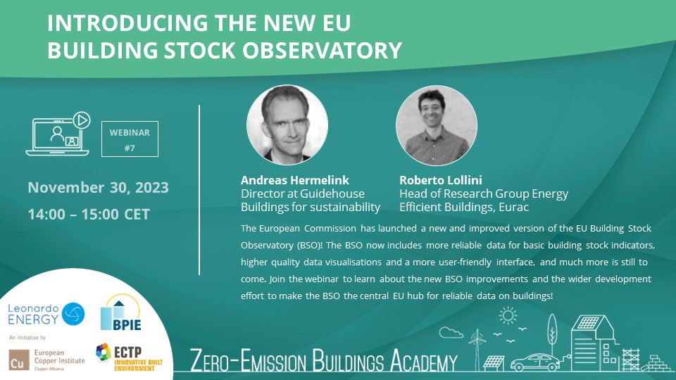 ⏰ Join us this afternoon for the 7th workshop in the Zero-Emission Buildings Academy series, 𝗜𝗻𝘁𝗿𝗼𝗱𝘂𝗰𝗶𝗻𝗴 𝘁𝗵𝗲 𝗡𝗲𝘄 𝗘𝗨 𝗕𝘂𝗶𝗹𝗱𝗶𝗻𝗴 𝗦𝘁𝗼𝗰𝗸 𝗢𝗯𝘀𝗲𝗿𝘃𝗮𝘁𝗼𝗿𝘆 (𝗕𝗦𝗢). More information: copperalliance.zoom.us/webinar/regist… #ZEBAcademy #EPBD #renovationwave