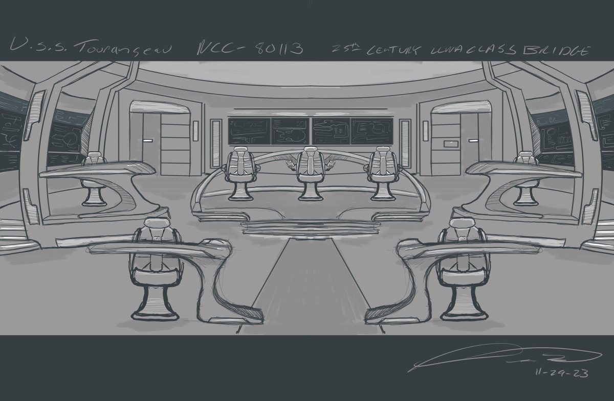 Been thinking of what a 25th cent version of a #lunaclass bridge may look like, so I mixed my #usstitan bridge layout with the #picard titan-a/ent-g consoles and chairs.  So here is a loose sketch of the bridge of the USS Tourangeau. <a href="/StarTrek/">Star Trek</a> #StarTrek @ArtofTrek <a href="/TerryMatalas/">Terry Matalas</a>