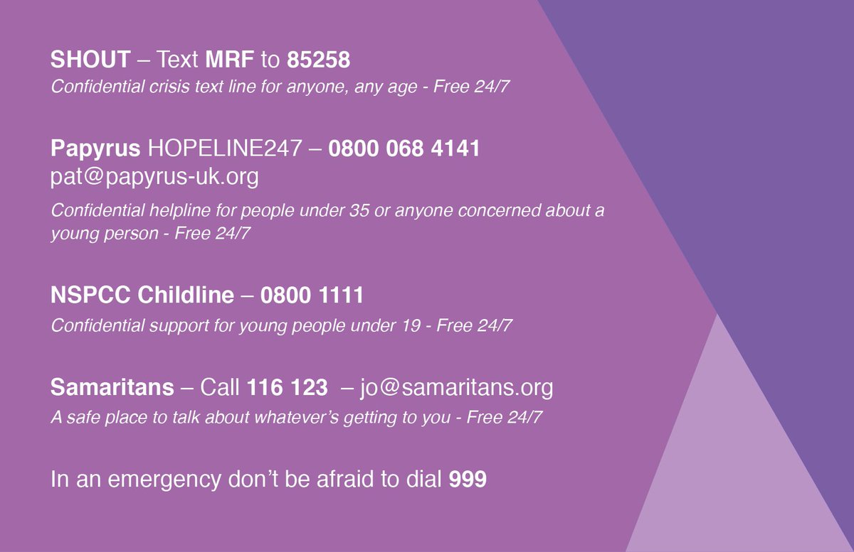 Please don’t face your problems alone. Talk to someone you can trust. For support: Text MRF to 85258 Call Papyrus on 0800 068 41 41 Call Childline on 0800 1111 Call Samaritans on 116 123 In an emergency don’t be afraid to dial 999