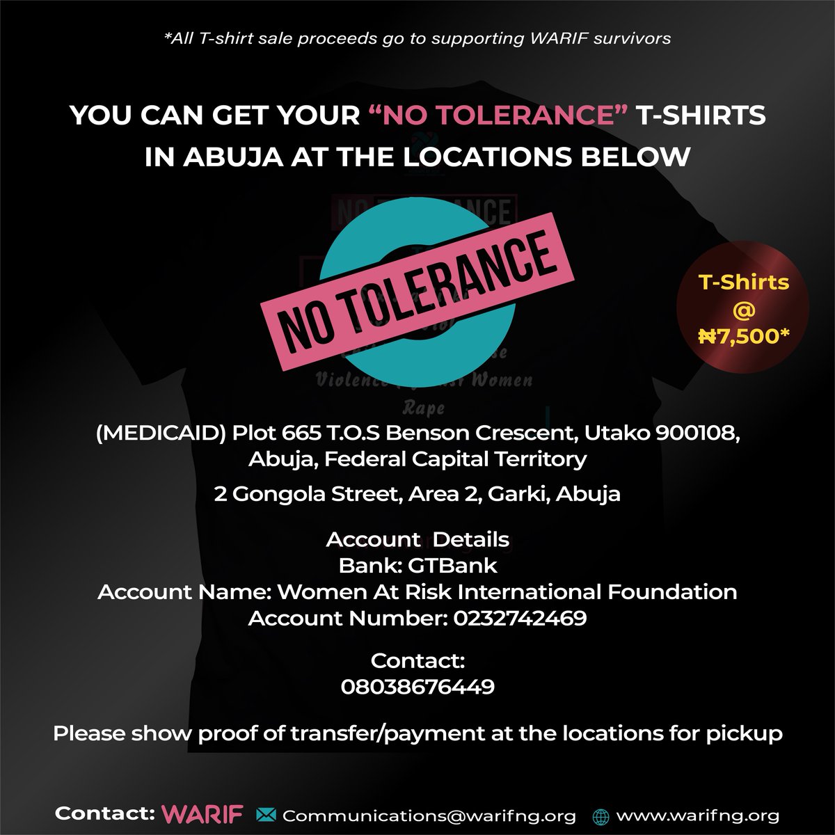WARIF_NG's tweet photo. You can now pick up your T-shirts in ABUJA with proof of payment at;
- MEDICAID, Plot 665 T.O.S Benson Crescent Utako, Abuja.
- 2, Gongola Street, Area 2, Garki, Abuja.
T-shirts: NGN7,500
#WARIFNTM2023 #NoToleranceMarch #EndSexualViolence #PreventSexualViolence https://t.co/Ueu2qMU298