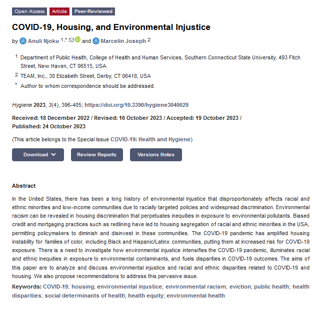 🌈New Publication in @Hygiene34640615

📑'#COVID-19, #housing , and #EnvironmentalInjustice'
by Anuli Njoku and Marcelin Joseph

Read the full article: 
mdpi.com/2673-947X/3/4/…

#PublicHealth  #EnvironmentalHealth