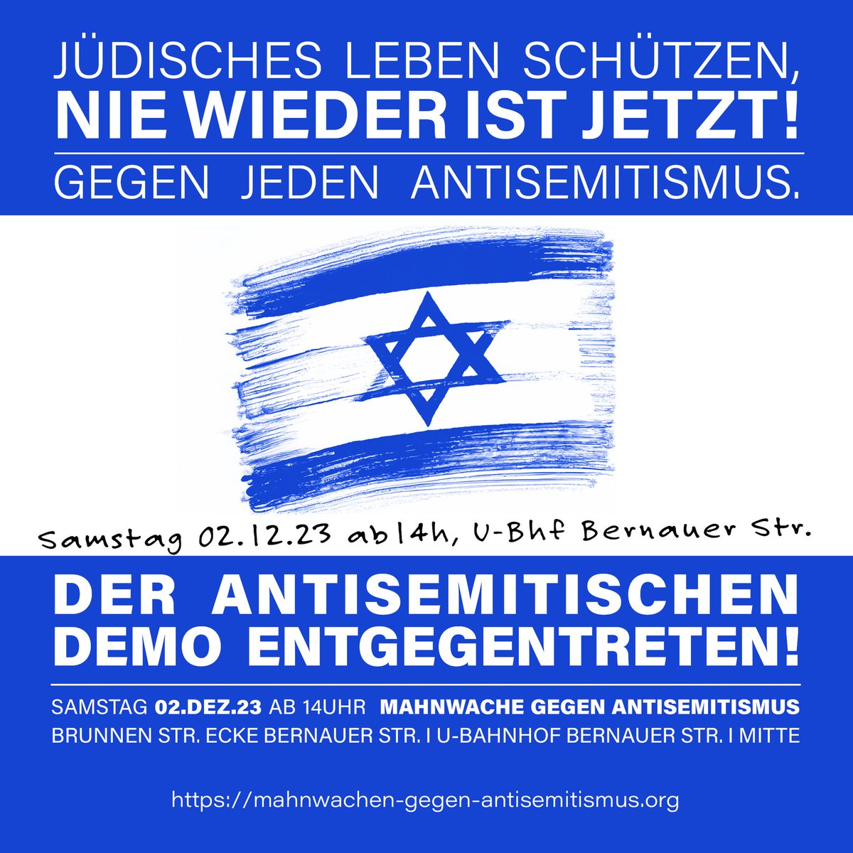 Darum rufen wir unter dem Motto „Nie wieder ist jetzt, der antisemitischen Demo entgegentreten“, für Samstag zu einer Mahnwache gegen #Antisemitismus auf, direkt an der geplanten Demoroute am U-Bahnhof Bernauer Str./ Ecke Brunnen Str. #b0212