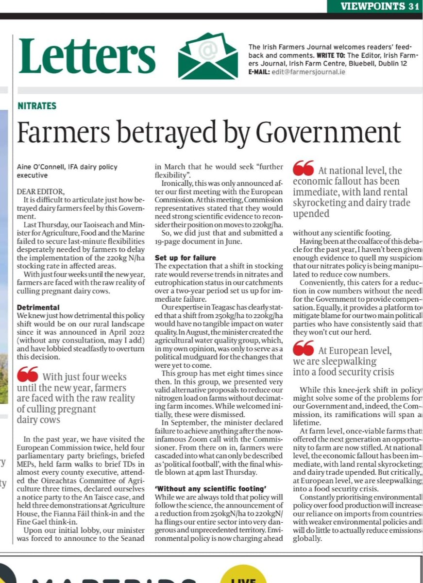 Excellent piece penned by <a href="/IFAmedia/">Irish Farmers' Association</a> dairy policy exec <a href="/AinePOConnell/">Aine O'Connell</a> telling it as it is. "Conveniently, this caters for a reduction in cow numbers without the need for the government to provide compensation"
<a href="/McConalogue/">Charlie McConalogue</a> <a href="/fiannafailparty/">Fianna Fáil</a> <a href="/FineGael/">Fine Gael</a>