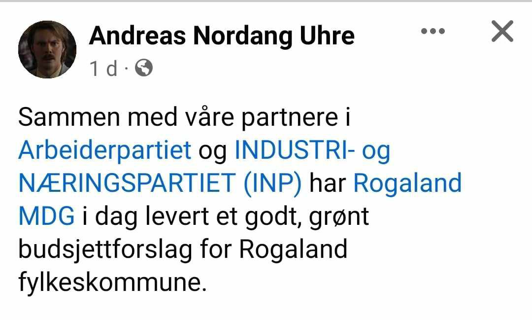I Rogaland er det jammen kort vei for MDG og INP fra total avvisning av hverandre og til nå å omtale hverandre som partnere. De har laget felles opposisjonsbudsjett.